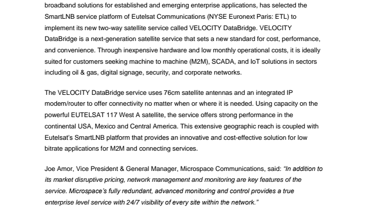 Microspace Communications introduces DataBridge IP satellite solution using Eutelsat SmartLNB