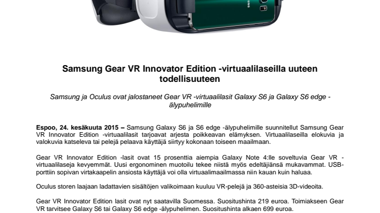 ​Samsung Gear VR Innovator Edition -virtuaalilaseilla uuteen todellisuuteen