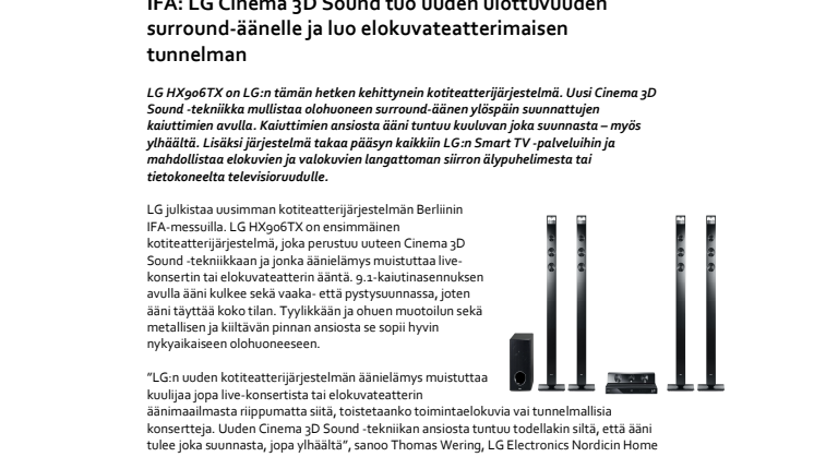 IFA: LG Cinema 3D Sound tuo uuden ulottuvuuden surround-äänelle ja luo elokuvateatterimaisen tunnelman 