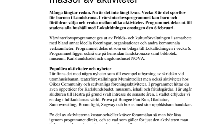 Sportlov i Landskrona med massor av aktiviteter