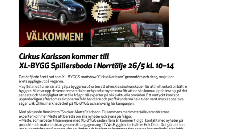 Cirkus Karlsson kommer till XL-BYGGPARTNER i Spillersboda/Norrtälje 26/5
