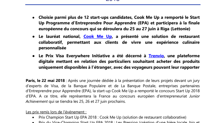 Start Up Programme d’Entreprendre Pour Apprendre : La start-up Cook Me Up représentera la France à la finale européenne de Junior Achievement à Riga du 25 au 27 juin 2018
