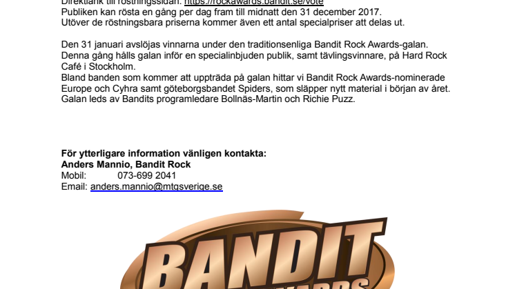 BANDIT ROCK AWARDS - årets bästa rock ska koras! 
