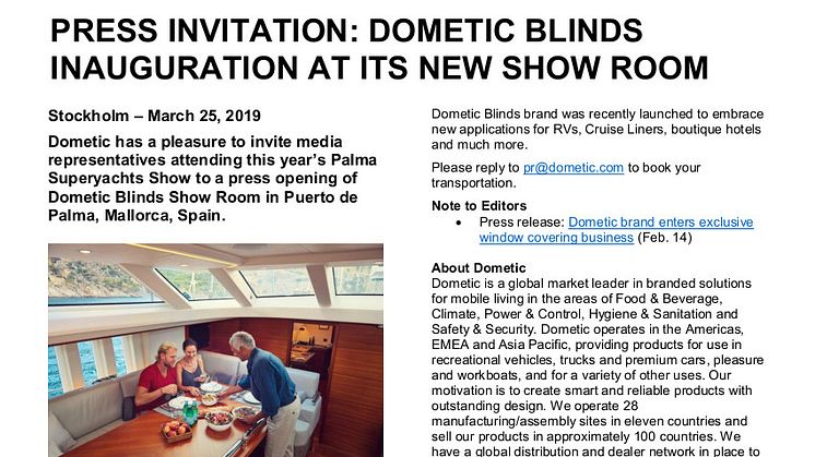 Dometic press event: Invitation to opening of Dometic Blinds Show Room in Puerto de Palma
