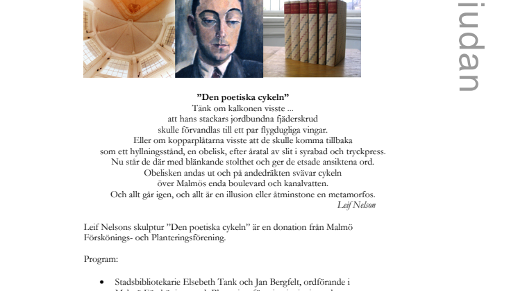 PRESSINBJUDAN till Stadsbiblioteket i Malmö: återinvigning av Malmö- och Gullbergrummen samt invigning av skulpturen ”Den poetiska cykeln”
