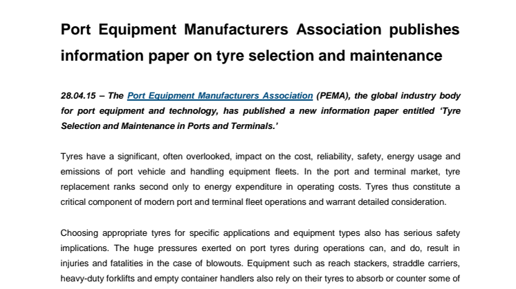 PEMA publishes information paper on tyre selection and maintenance