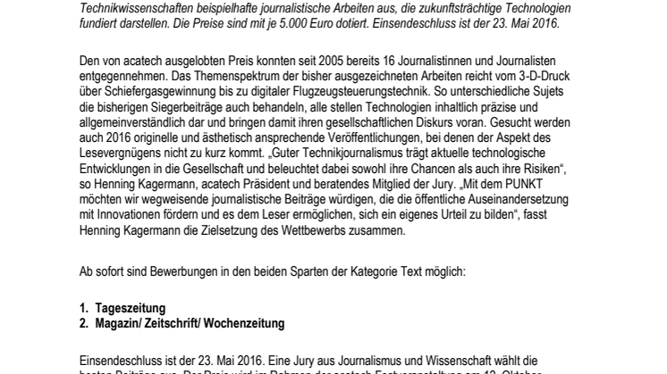 Ausschreibungsstart beim Journalistenpreis PUNKT: Jetzt mit Technikbeitrag bewerben