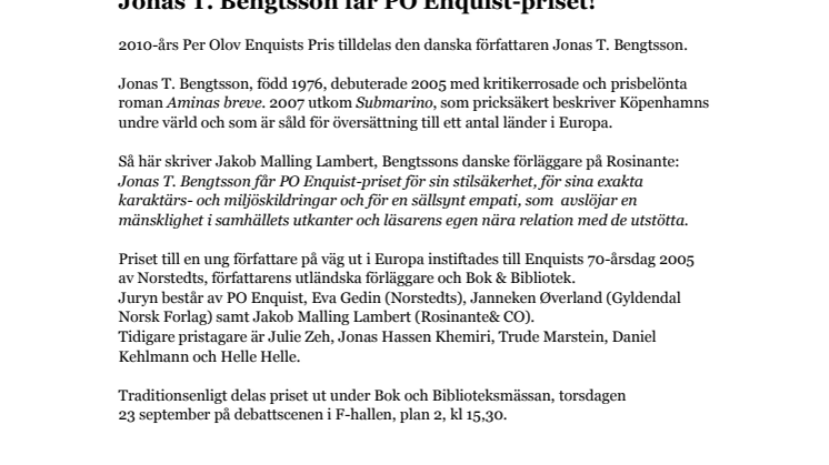 Jonas T. Bengtsson får PO Enquist-priset!