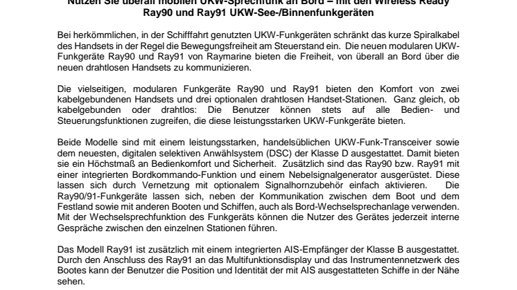 Raymarine: Nutzen Sie überall mobilen UKW-Sprechfunk an Bord – mit den Wireless Ready Ray90 und Ray91 UKW-See-/Binnenfunkgeräten