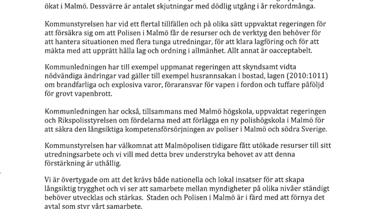 Brev med inbjudan till Anders Ygeman från Kommunstyrelsen i Malmö 