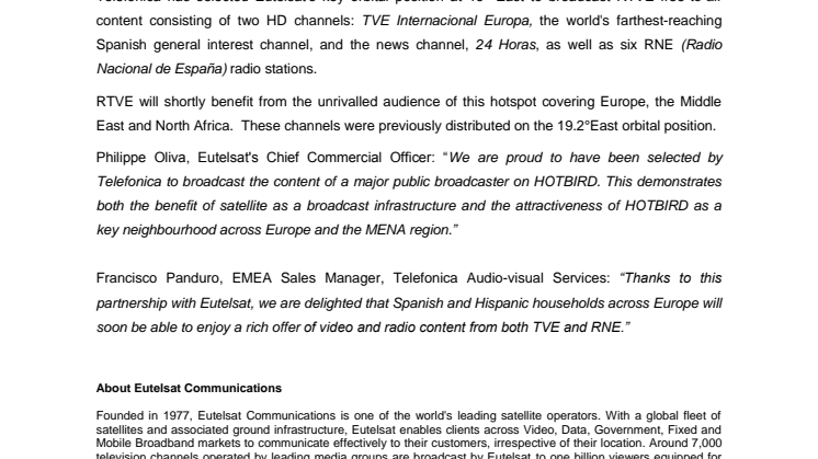 Telefonica selects Eutelsat HOTBIRD neighbourhood to broadcast RTVE video and radio content