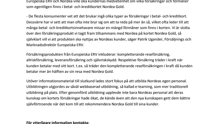 Europeiska ERV synliggör försäkringsprodukten i betal- och kreditkortet Nordea Gold
