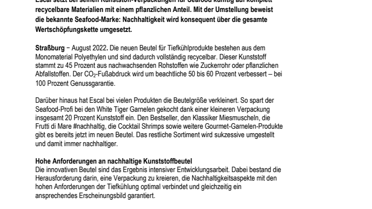 Presseinformation: Tiefkühl-Spezialist Escal steigt auf nachhaltige Verpackungen um