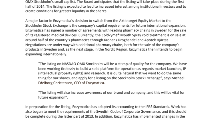 Enzymatica starts the process for listing on the Stockholm Stock Exchange