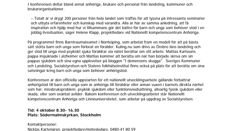 Pressinbjudan - Nationell konferens barn som anhöriga 4 oktober