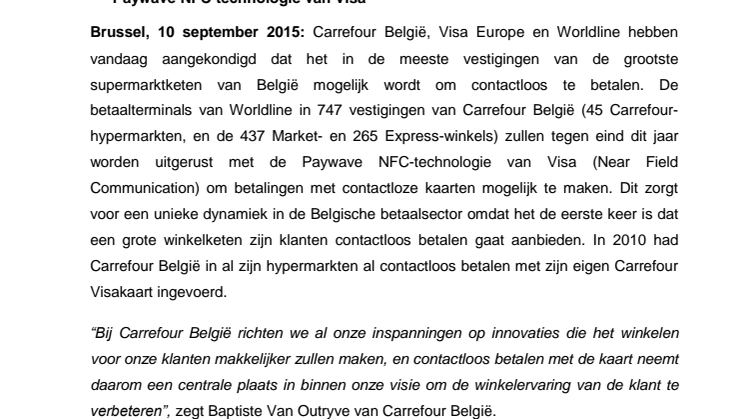 Carrefour, Visa en Worldline maken contactloos betalen mogelijk in Belgische winkels