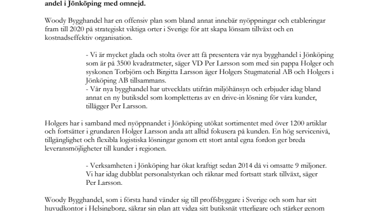Holgers Woody Bygghandel storsatsar och öppnar ny bygghandel i Jönköping