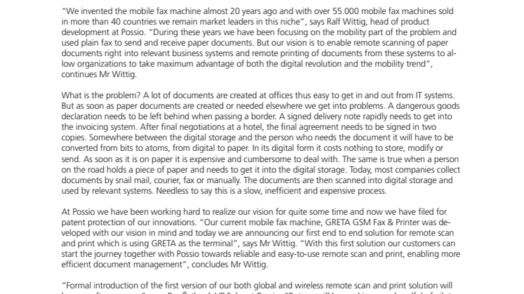 POSSIO ANNOUNCES ITS FIRST END-TO-END SOLUTION FOR REMOTE SCAN AND PRINT