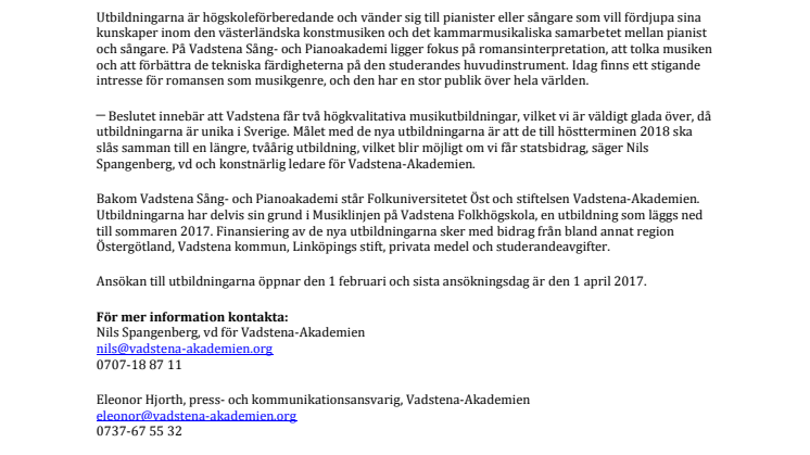 Två nya konstmusikutbildningar till Vadstena