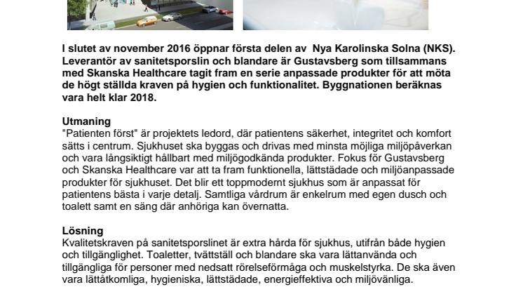 Nya Karolinska Solna-projektet använder Gustavsberg. 