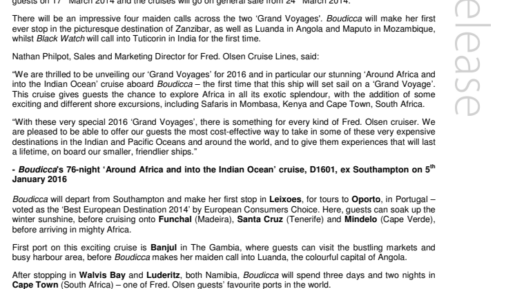 Cruise the world with Fred. Olsen Cruise Lines’ inspirational  ‘Grand Voyages’ in 2016 – visit 70 destinations in 42 countries!