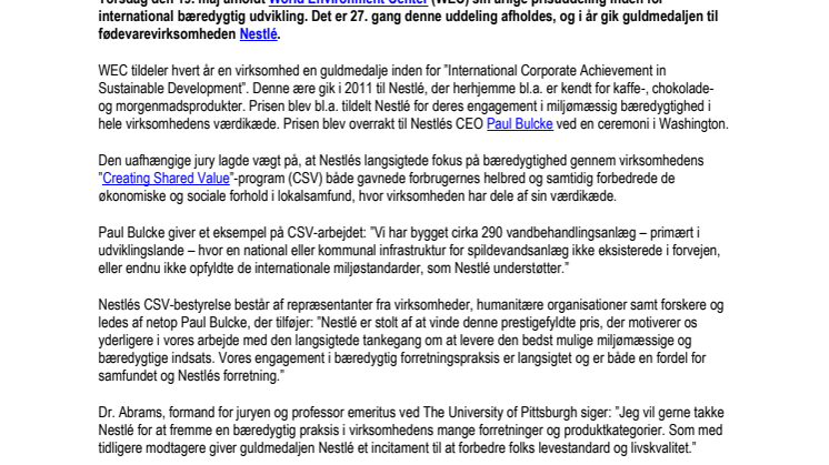 Guldmedalje i international bæredygtig udvikling går til Nestlé
