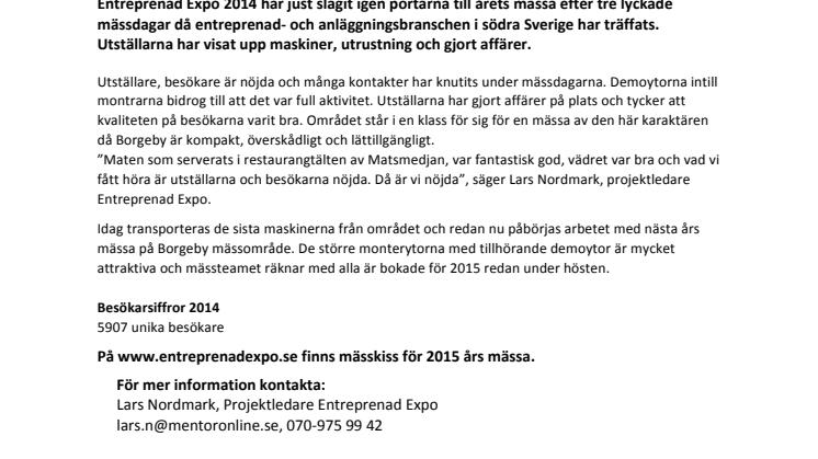 Entreprenad Expo tillbaka på Borgeby 10-12 september 2015!