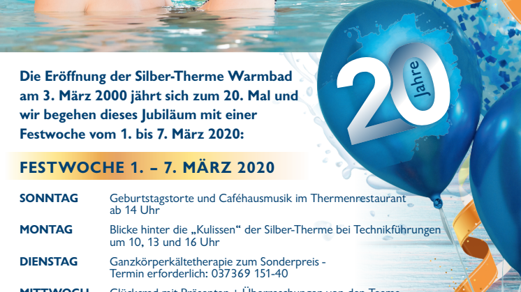 Programm Festwoche  "20 Jahre Silber-Therme Warmbad"