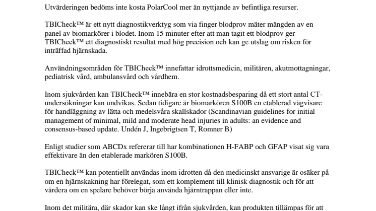 PolarCool AB (publ) tecknar samarbetsavtal med ABCDx för diagnostikverktyget TBICheck™ på den nordiska marknaden