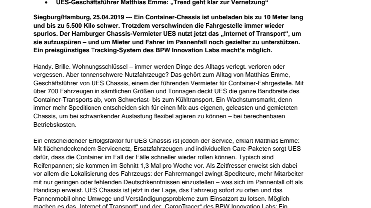 UES Chassis GmbH: Mit IoT und dem CargoTracer zu mehr Service und Effizienz für Mieter von Container-Fahrgestellen 