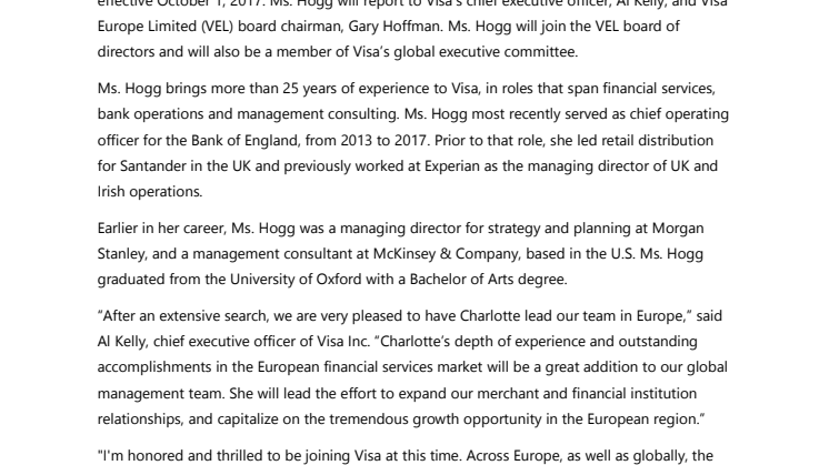 Visa Inc. Appoints Charlotte Hogg as Chief Executive Officer of the Company’s European Operations