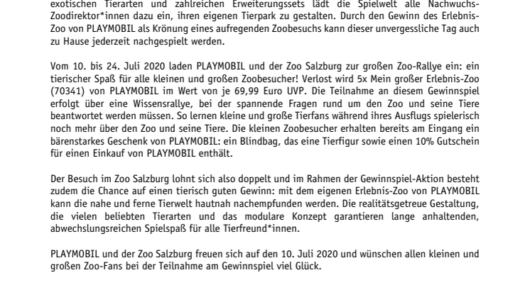 Tierischer Spaß zum Beginn der Sommerferien: PLAYMOBIL und der Zoo Salzburg laden zur großen Zoo-Rallye ein