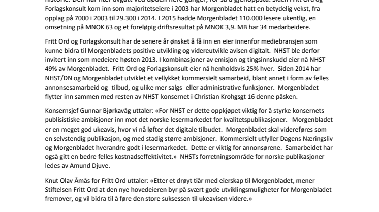 NHST Media Group øker eierandelen i Morgenbladet