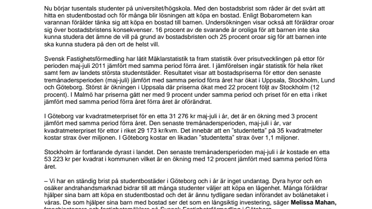 Bobarometern: Varannan förälder beredd att köpa studentbostad till barnen och priset på ettor stiger i Göteborg
