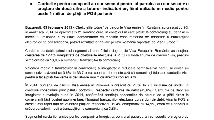 Cheltuielile totale pe cardurile Visa emise în România au depăşit pragul de 20 miliarde euro în 2014