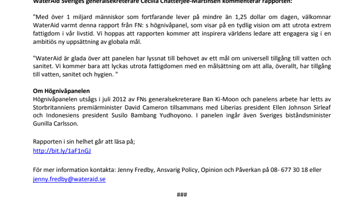 WaterAid välkomnar högnivåpanelens rapport och vision för utvecklingsagendan post2015
