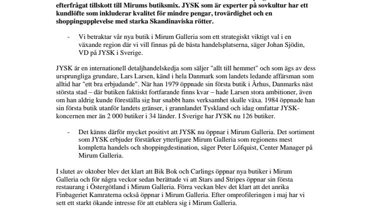 JYSK öppnar en ankarbutik på 1300 kvadratmeter i Mirum Galleria