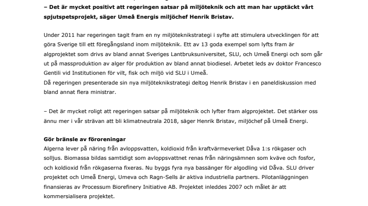Umeå Energis algprojekt uppmärksammas av regeringen