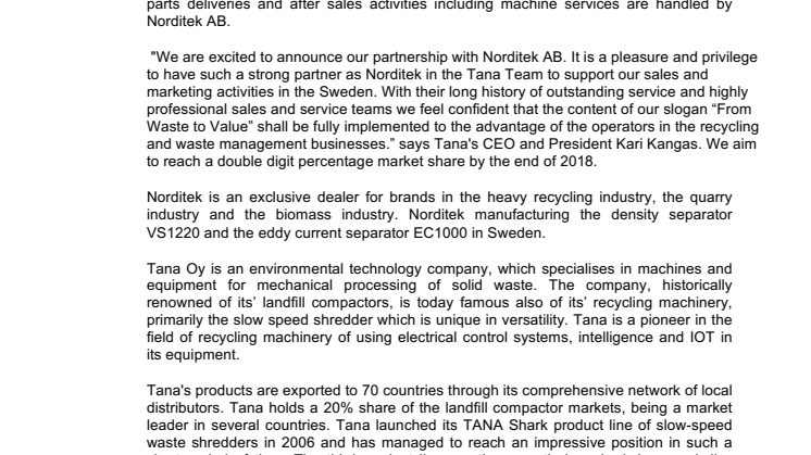 NORDITEK AB STARTS AS TANA REPRESENTATIVE IN SWEDEN