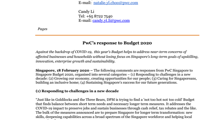 PwC’s response to Budget 2020