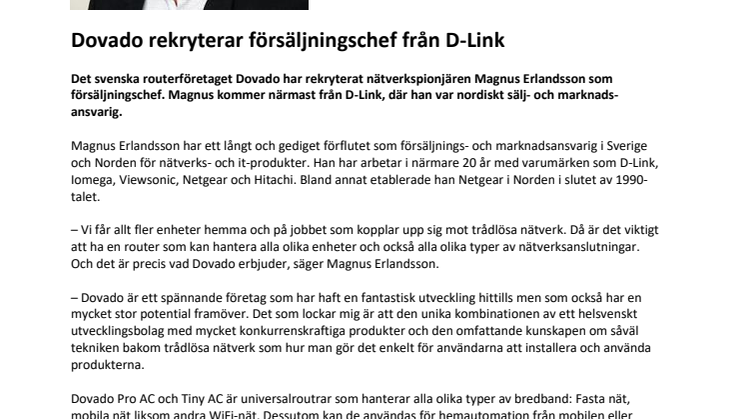 Dovado rekryterar försäljningschef från D-Link