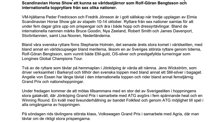 Sex nationer deltar vid Elmia Scandinavian Horse Show – många världsryttare på plats!
