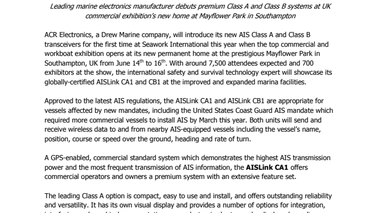 ACR Electronics Inc: Introduces AIS Transceivers at Seawork International