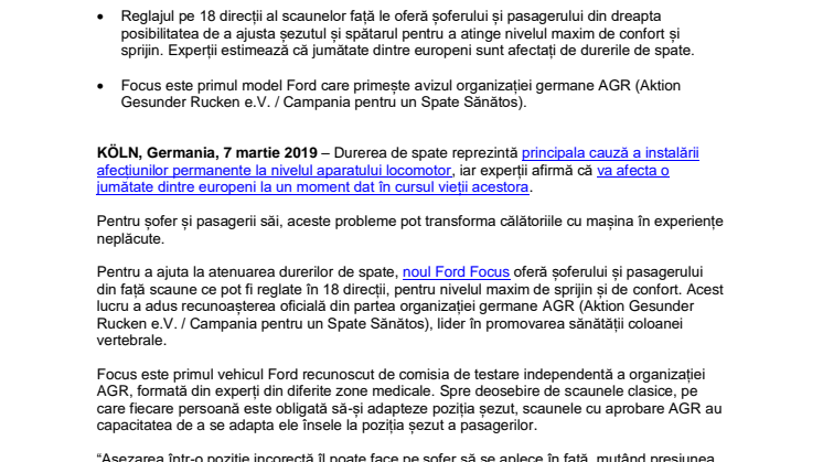 Noul Ford Focus este recunoscut de experții în medicină pentru capacitatea sa de a atenua durerile de spate ale șoferilor	 	 		