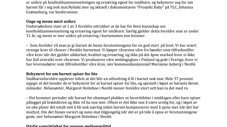 Nestlé undersøkelse viser at 1 av 3 foreldre har for liten kunnskap om barnemat 