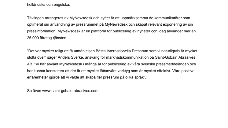 Saint-Gobain Abrasives vinnare av Årets Pressrum 2011