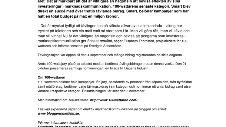 210 kampanjer tävlar i årets 100-wattare
