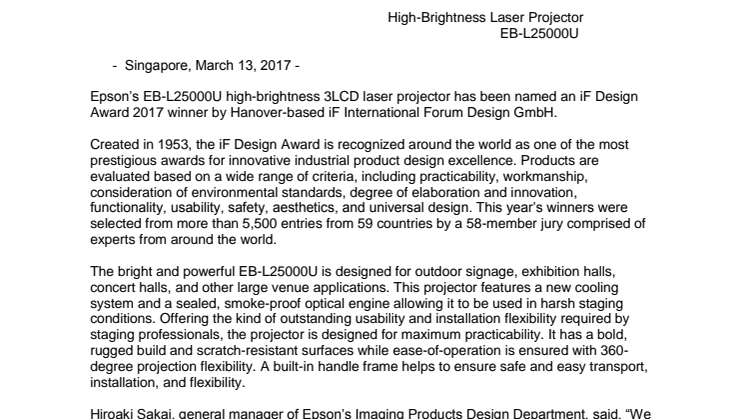 Epson High-Brightness Projector Wins iF Design Award 2017