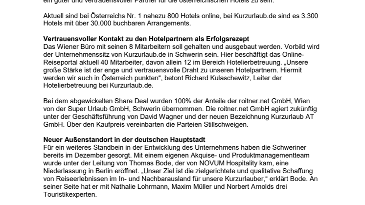 Kurzurlaub.de expandiert - Marktführer übernimmt österreichisches Reiseportal