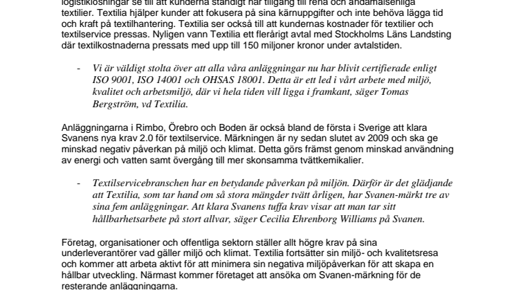 Textilias alla anläggningar ISO-certifierade